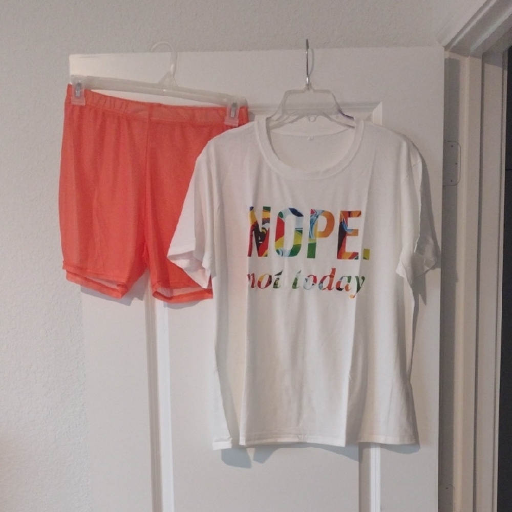 Graphic Tee and Orange  Mesh Shorts Set With Bracelet New
